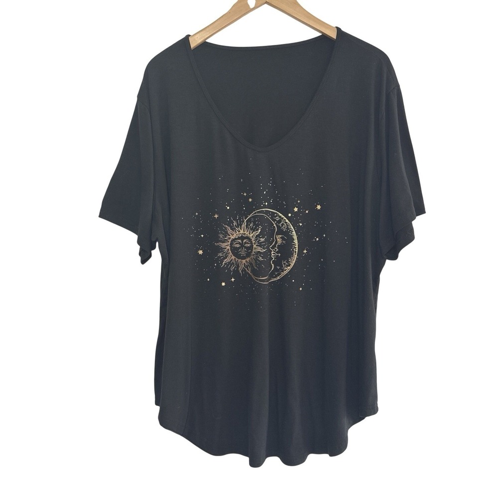 Witchy Celestial Sun Moon Graphic T Shirt Womens 3XL Black Gold V Neck Pullover‎